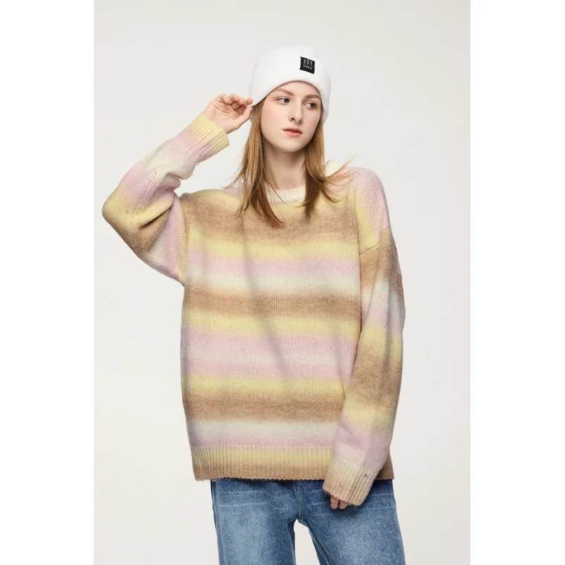 

Gradient Contrasting Color Striped Sweater Men's and Women's Autumn and Winter Fashion Street Lazy Couple round Neck Warm Top