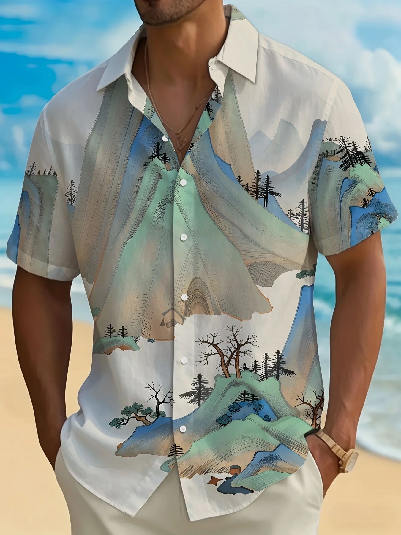Men's Hawaiian Short Sleeve Shirt Vintage Chinese Landscape Mountain Tree Print Turn Down Collar Casual Beach Top Mens Clothing