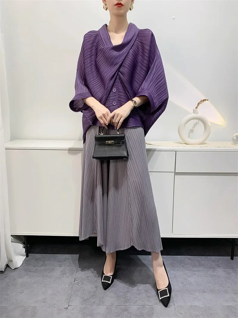 Miyake Pleated Irregular Lantern Sleeve Shirt 2023 Autumn Women Designer Korean Fashion Loose Scarf Collar Pullover T-shirt Tops