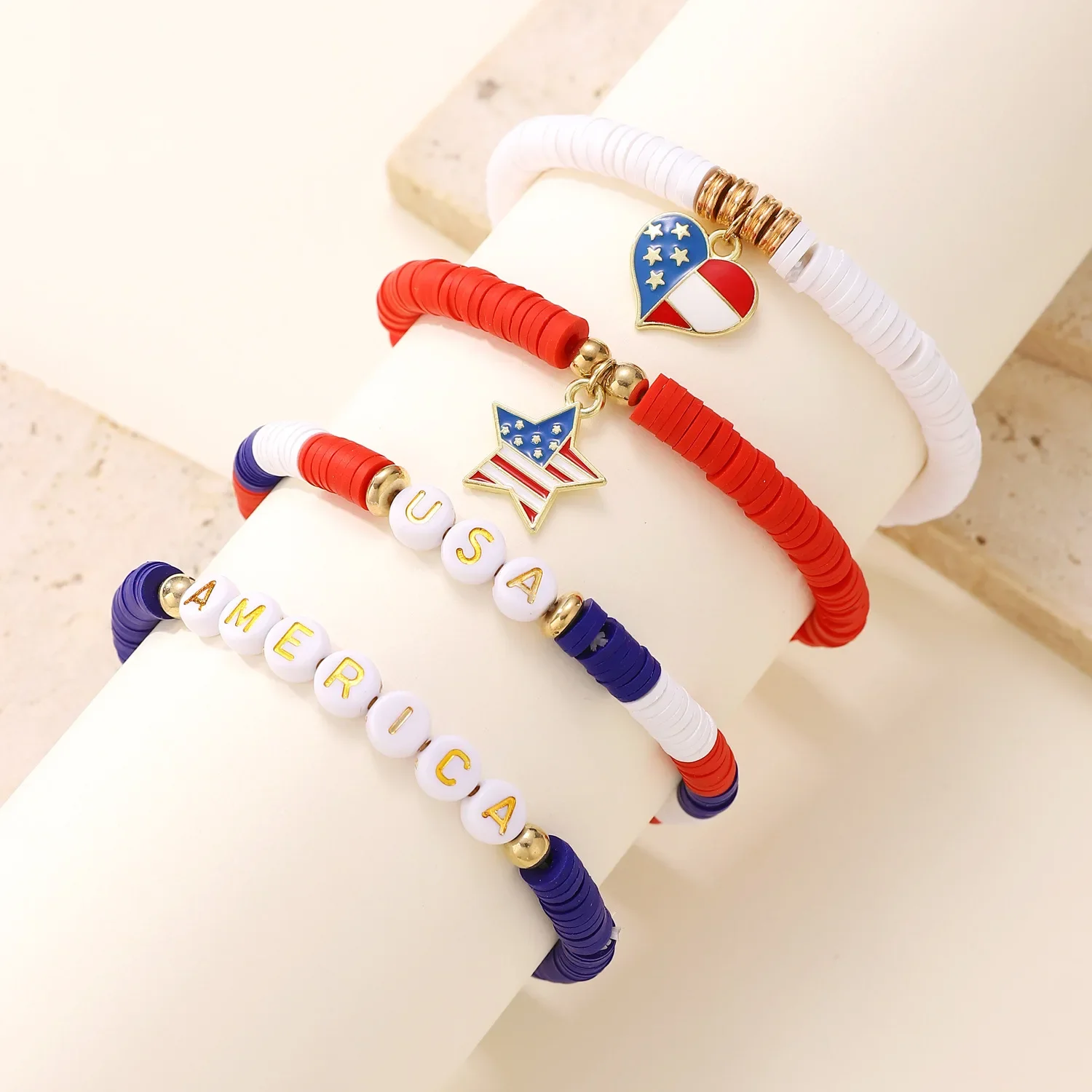 Beaded Letter Bow Love Personality Multi-layer Bracelet Female Boho Friends American Independence Day Bracelet Set Polymer Clay