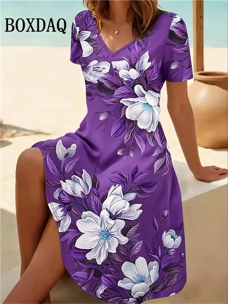 Vestidos de talla grande 6XL para mujer, vestido informal de verano para playa, vestido vintage bohemio con estampado floral, vestido holgado de manga corta con cuello en V, Vestidos