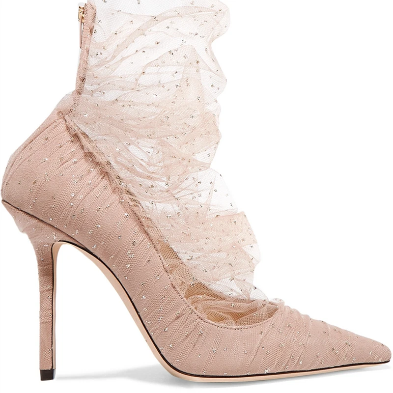 Sexy Ruffled Mesh Lace Covered Translucent Ankle Boots Pointed Toe Woman Dim Lace Summer Boots Thin High Heels Pumps