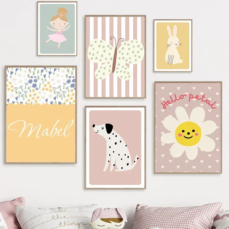 Multi-size 1PC frameless high-definition decorative paintings,Cute Girl Butterfly Dog Flower Face Bunny Cartoon Nursery Wall Art