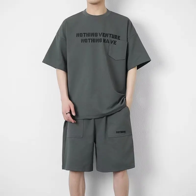 Summer Men Casual Sets S-5XL Oversized T Shirts Shorts 2 Piece Set Designer Clothes Men Youth Sports Khaki Tracksuit New 2025