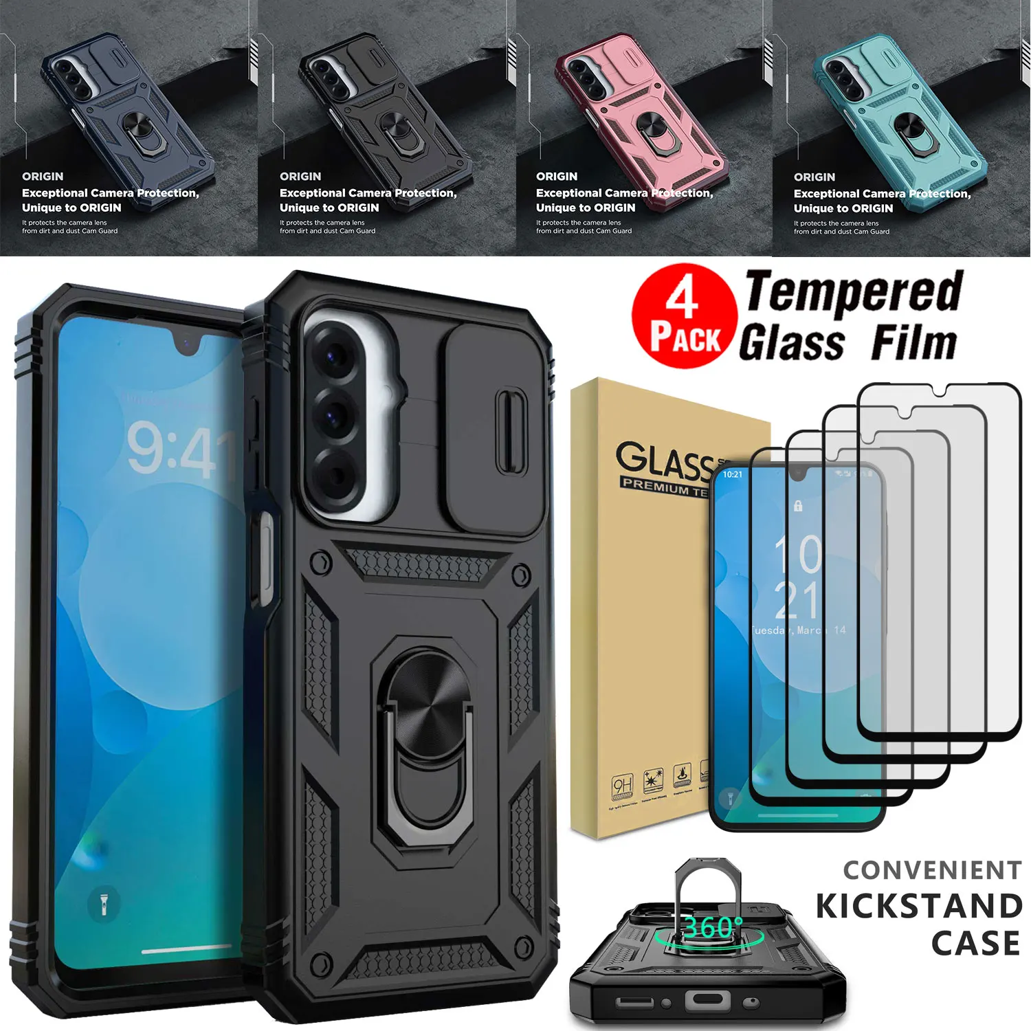 

Для Samsung Galaxy A16/A17/A26: Защитный чехол-слайдер для камеры с кольцом-подставкой + 4 шт. прозрачных защитных стекол из закаленного стекла