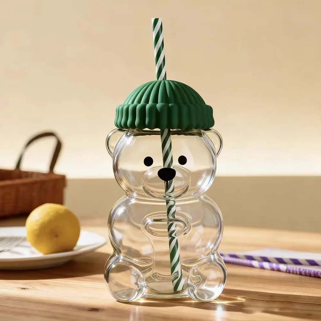 

Cute bear shaped transparent glass cup retro green silicone cap+striped straw milk tea coffee cup daily cup