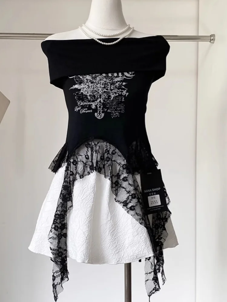 

Sexy Lace Slim Fit Off Shoulder Crop Tops Punk Goth Graphic Printed T-shirts Irregular Ruffles Ribbon Tassels Young Women Casual