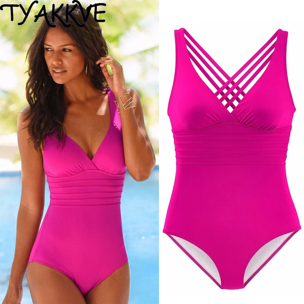 TYAKKVE 2024 Sexy One Piece Women Swimsuit Push Up Bikini V Neck Bodysuit Monokini Tummy Control Swimwear Plus Size Bathing Suit