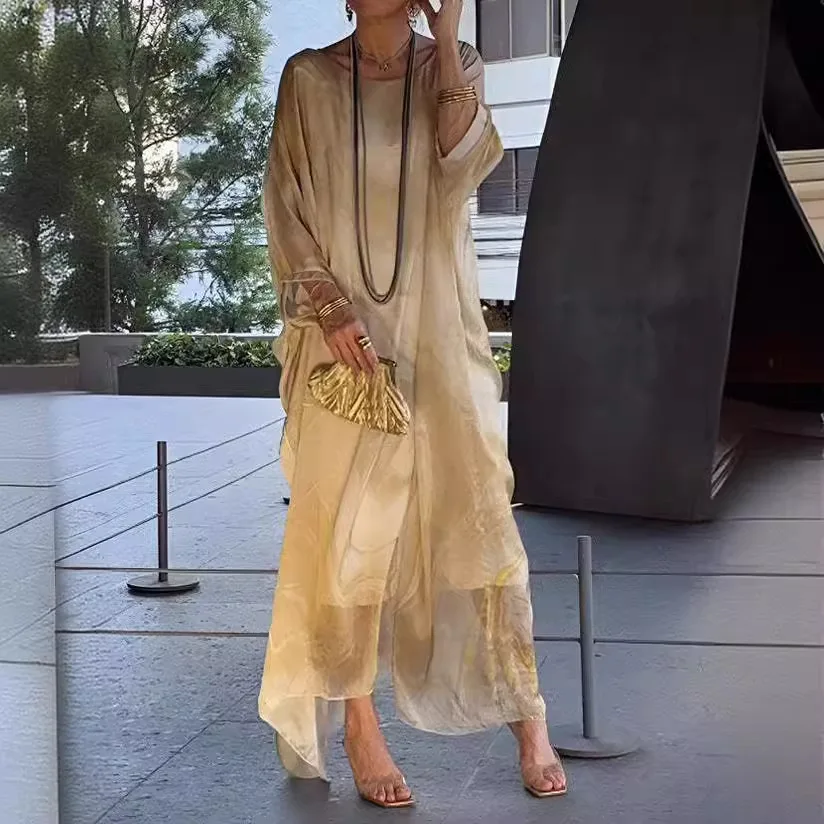 Boho Loose Long Dress Elegant Marble Texture Print Commuting Dress Spring Autumn Women Round Neck Long Chiffon Midi Dresses