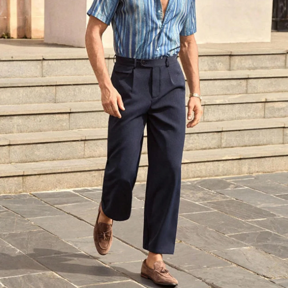 

Мужские плиссированные брюки, прямые брюки, свободный крой, однотонные брюки, классические модные деловые повседневные офисные брюки, официальные брюки для мужчин