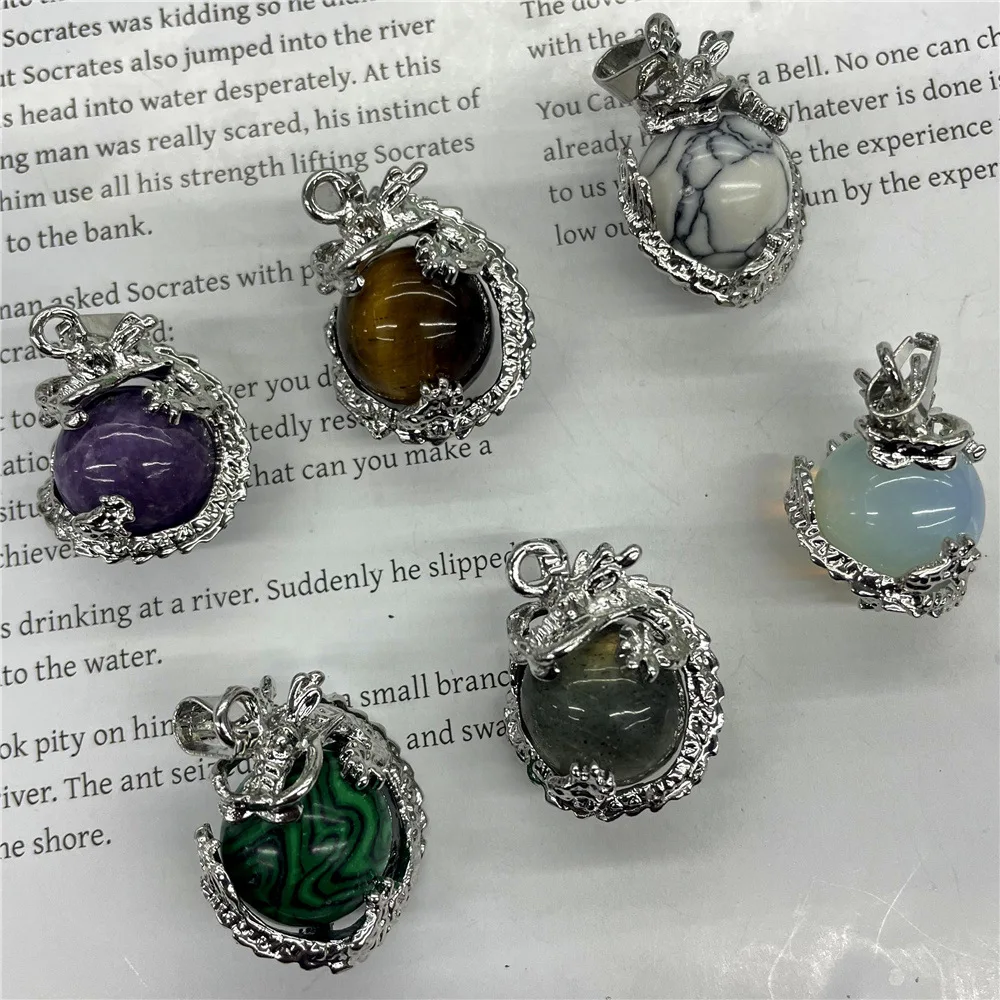 1pc- Natural stone crystal agate gem alloy Dragon Ball pendant