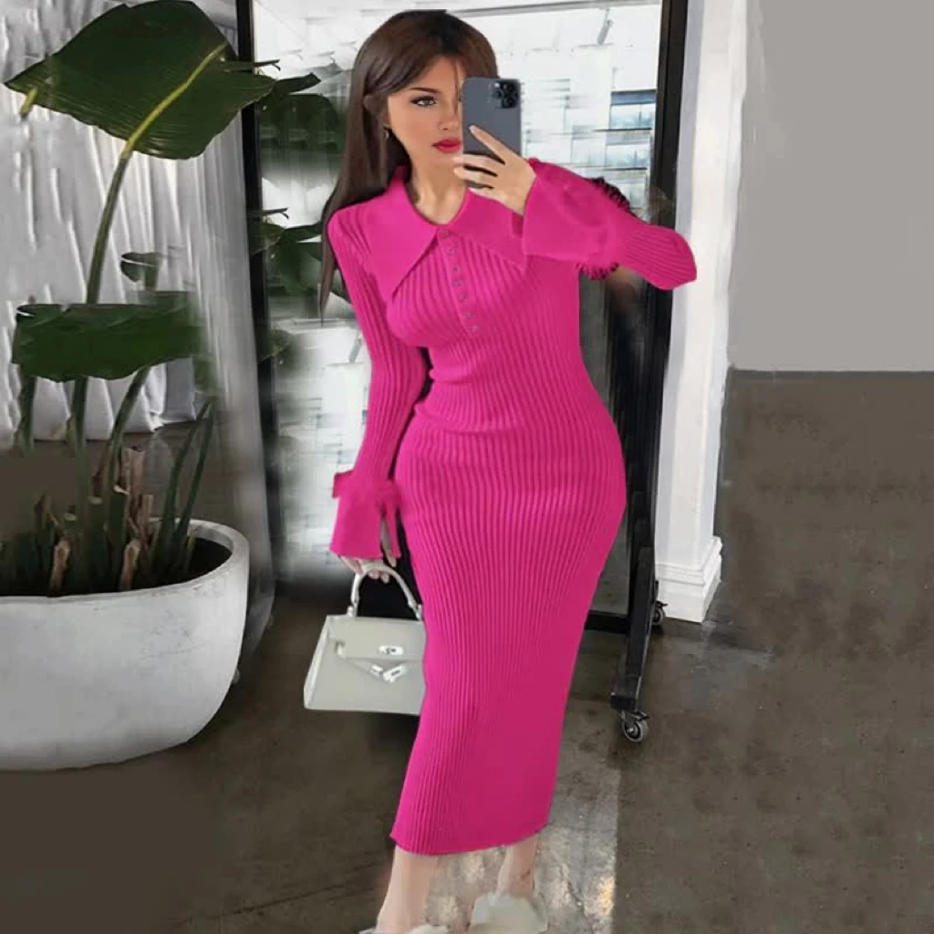YuooMuoo Chic Mode Lange Ärmeln, Figurbetontes Kleid mit Fell Frauen drehen-unten Kragen Dünne Elastische Lange Gestrickte Kleid Pullover vestido