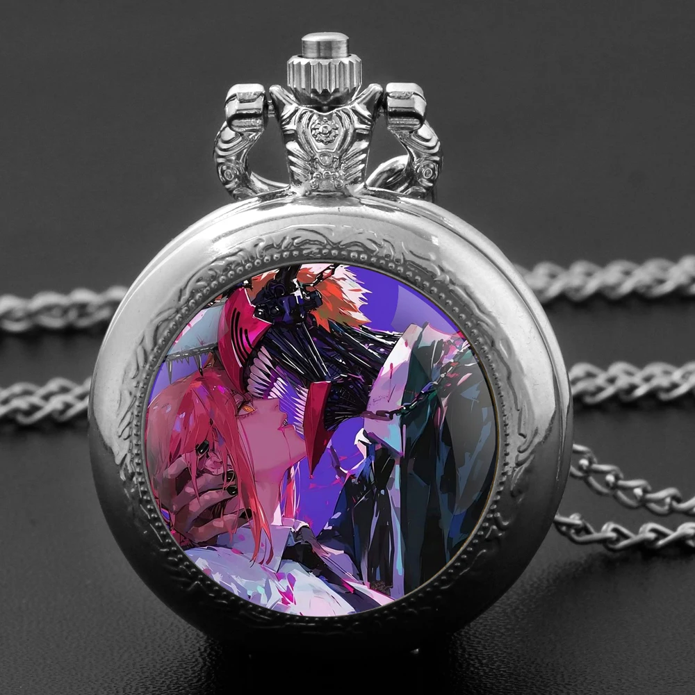 Anime Chainsaw Man Quartz Pocket Watch Chain Necklace Glass Dome Unique Pendant Watch Unisex Gift Manga Collectible Accessory