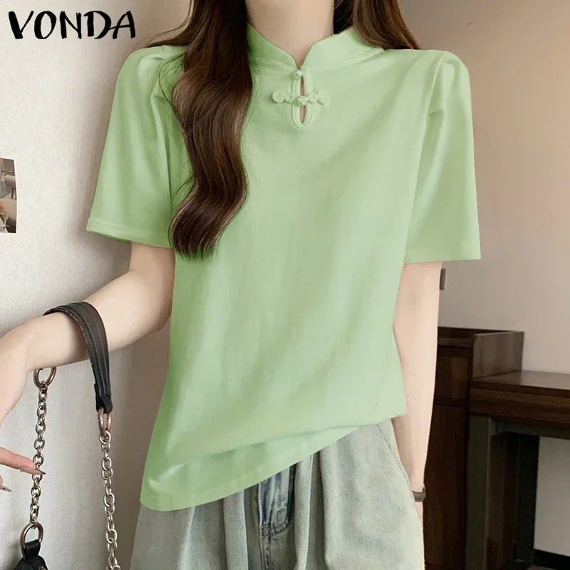 VONDA Elegant Blouse 2025 Summer Tops Women Short Sleeve Stand Collar Solid Color Shirts Tunic Fashion OL Casual Blusas Feminina