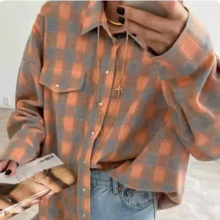 여성용 루즈 롱 스웨터 체크무늬 가을 스트리트 패션 폴리에스터 면 혼방 버튼 클로저 변형 방지...