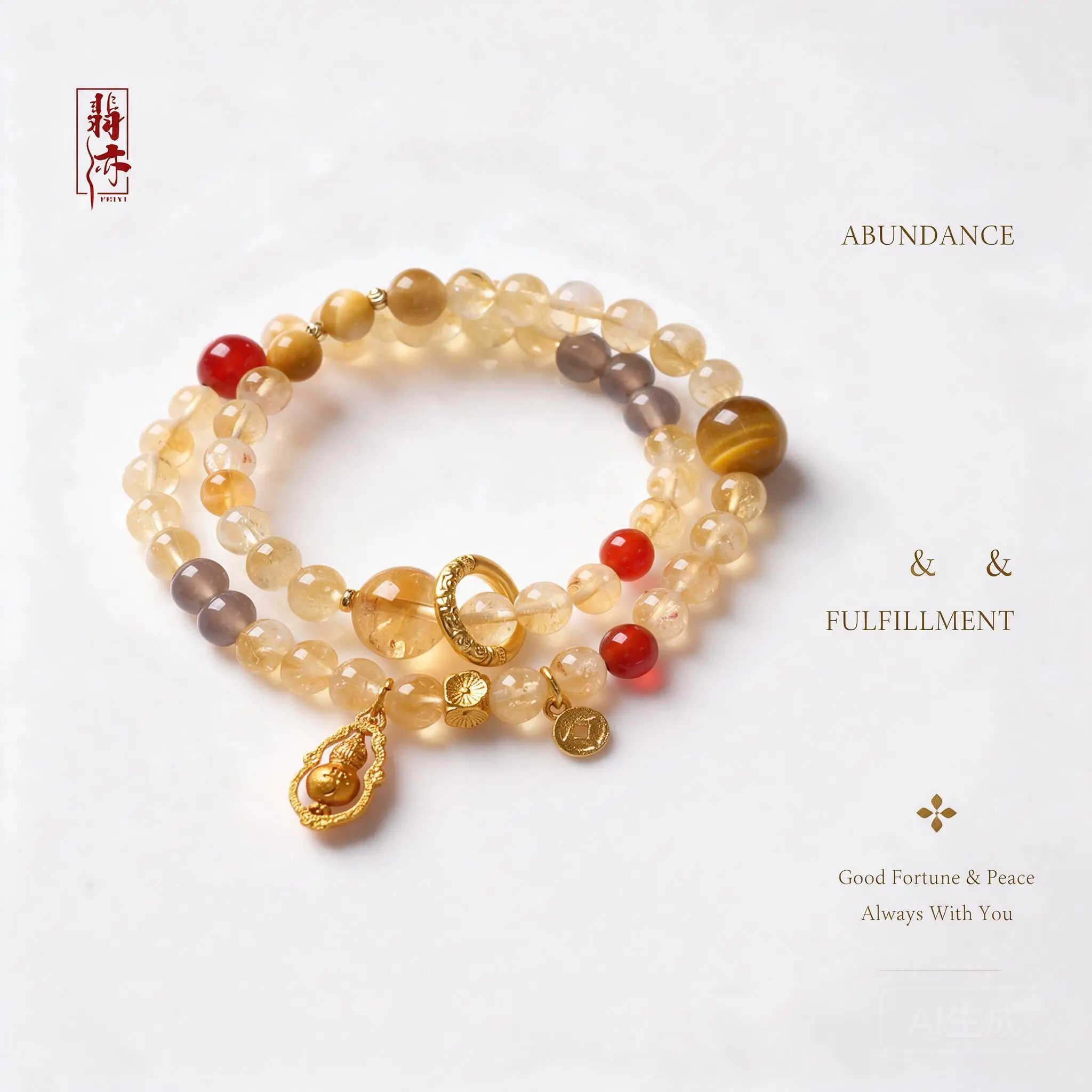 Chinese Style Good Luck Fortune Attracting Natural Yellow Citrine Azeztulite Tiger Eye Red Agate Double Layer Bracelet With Rota