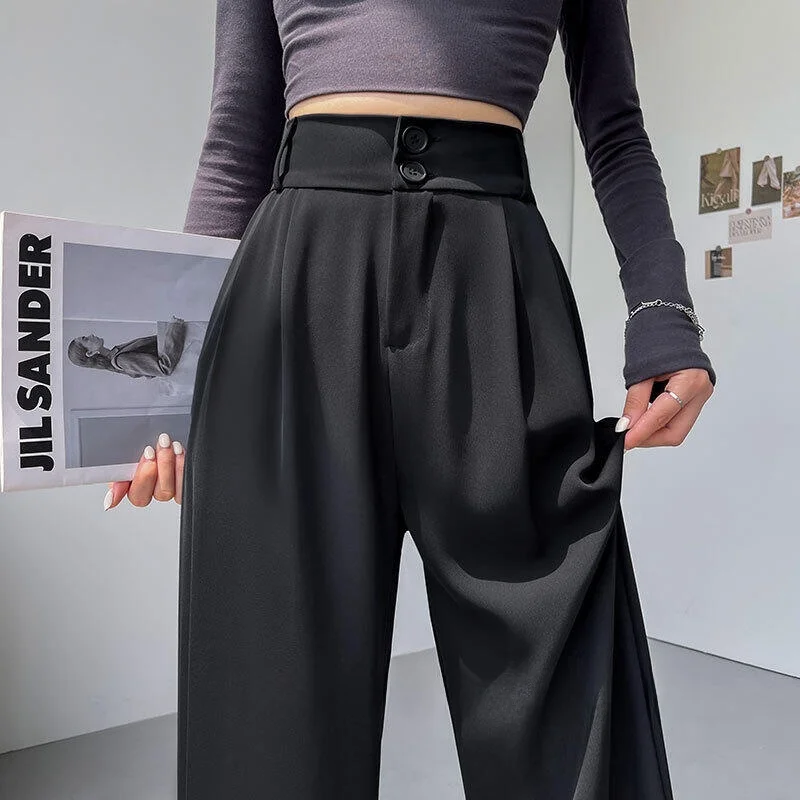 

High Waist Ice Silk Wide Leg Pants Women's Summer Thin Casual Straight Cut High Drape Black Pants Polyester Fiber Long Trousers