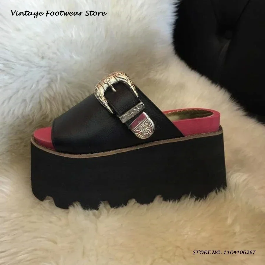 

Винтажные туфли на платформе с пряжкой на ремне, круглые тапочки в стиле вестерн с открытым носком, увеличивающие рост, женская летняя модная повседневная обувь без шнуровки