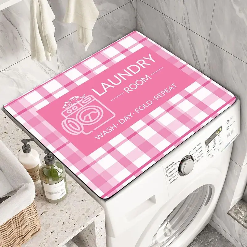 VIKAMA Pink White Gingham Laundry Room Sign Washing Machine Top Mat Waterproof Non Slip Dryer Dust Sweet Laundry Decor Pad
