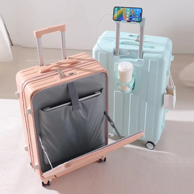 Multifunction Large Capacity Luggage Business Carry on Boarding USB Charging Cup Holder Front Opening Lid Trolley Suitcase