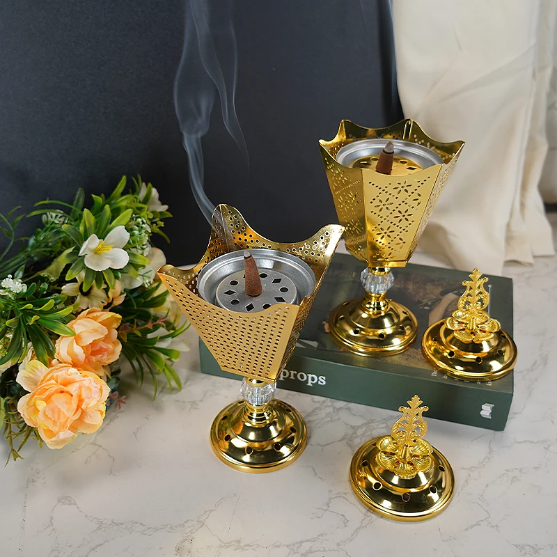 1pc Golden Metal Incense Burner Ramadan Electroplating Tower Incense Burner Eid Decorative Ornaments