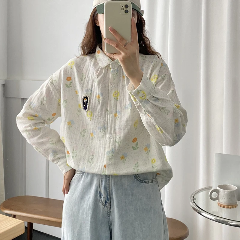 Double-layer Cotton Yarn Floral Printed Tops Women Clothes Long-sleeved New Turn Down Collar Slimming Shirts & Blouses U002