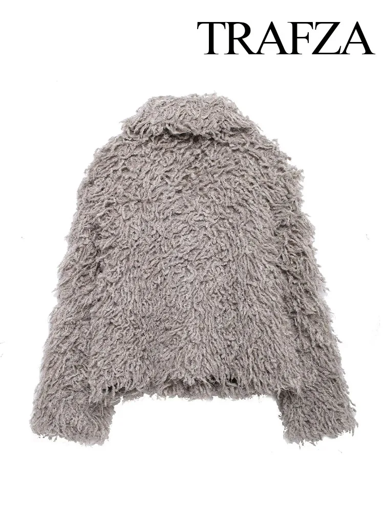 TRAFZA ผู้หญิง Faux FUR Effect แจ็คเก็ตสีเทาแขนยาว Turn-Down COLLAR หลวมฤดูหนาวหญิงแฟชั่น Casual WARM ...