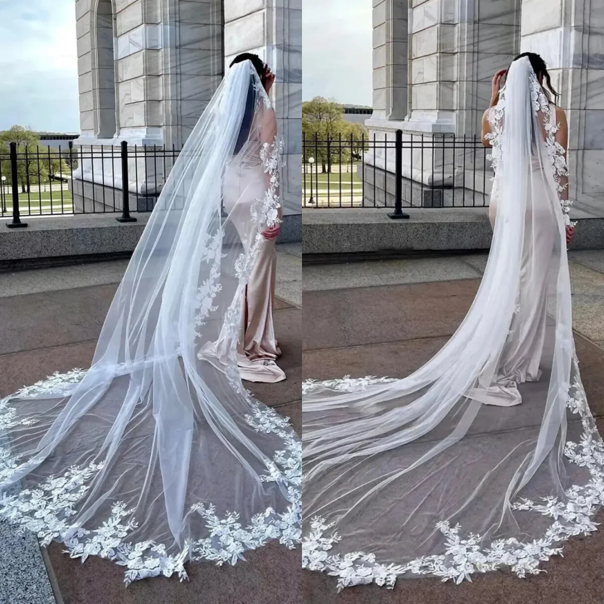 

Elegant Wedding Veils One Layer Soft Tulle Cathedral Length Bridal Veils Lace Appliques Edge Customized Wedding Accessories