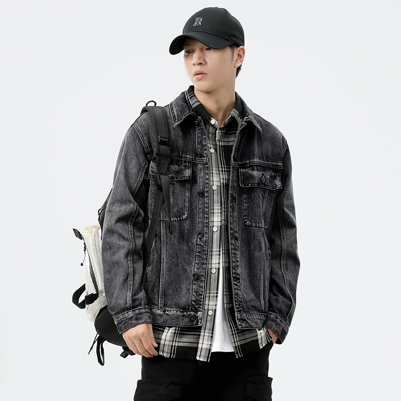 2026 Fall/Winter Grey Streetwear Brand American High-Street Washed Loose-Fit Plus-Size 5XL Workwear Pocket Denim Jacket for Men