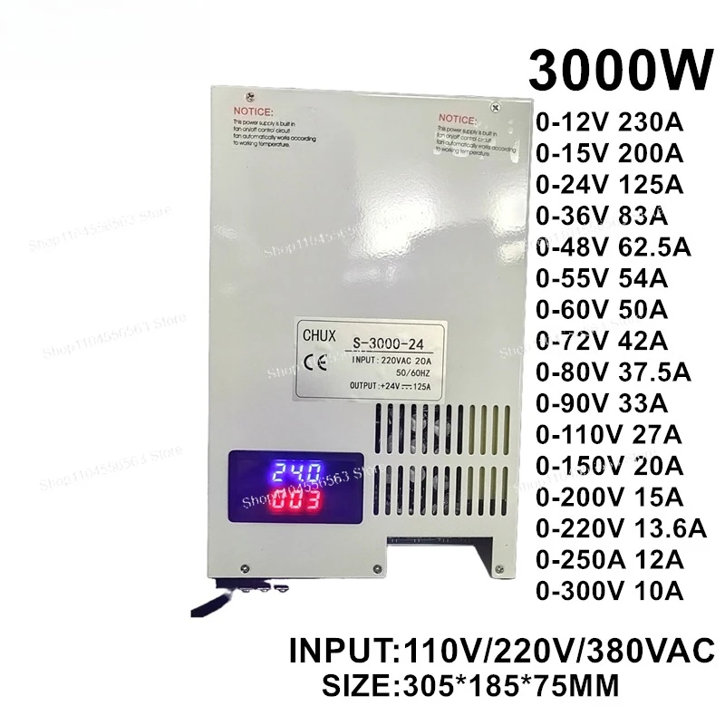 CHUX  3000W DC Switching Power Supply Adjustable Output 12V 15V 24V 36V 48V 60V 72V 80V 100V 220V 300V AC to DC Led Dispaly SMPS