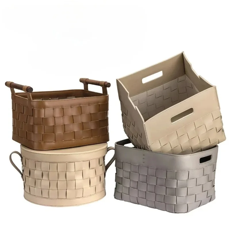 

Euro Style Leather Woven Basket Light Luxury Soft Decor Design Art Creative Portable Storage Box, Household Clothing Hat Cabinet