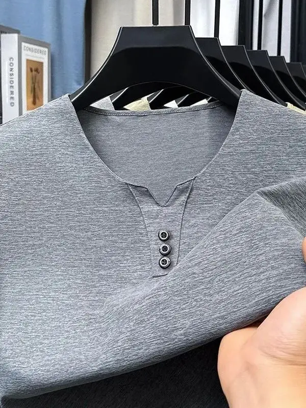 

Men's Summer V-neck T-shirt Pure Color Casual Fashion Polyester Short Sleeve Button Detail Iron-free Treatment Urban Style