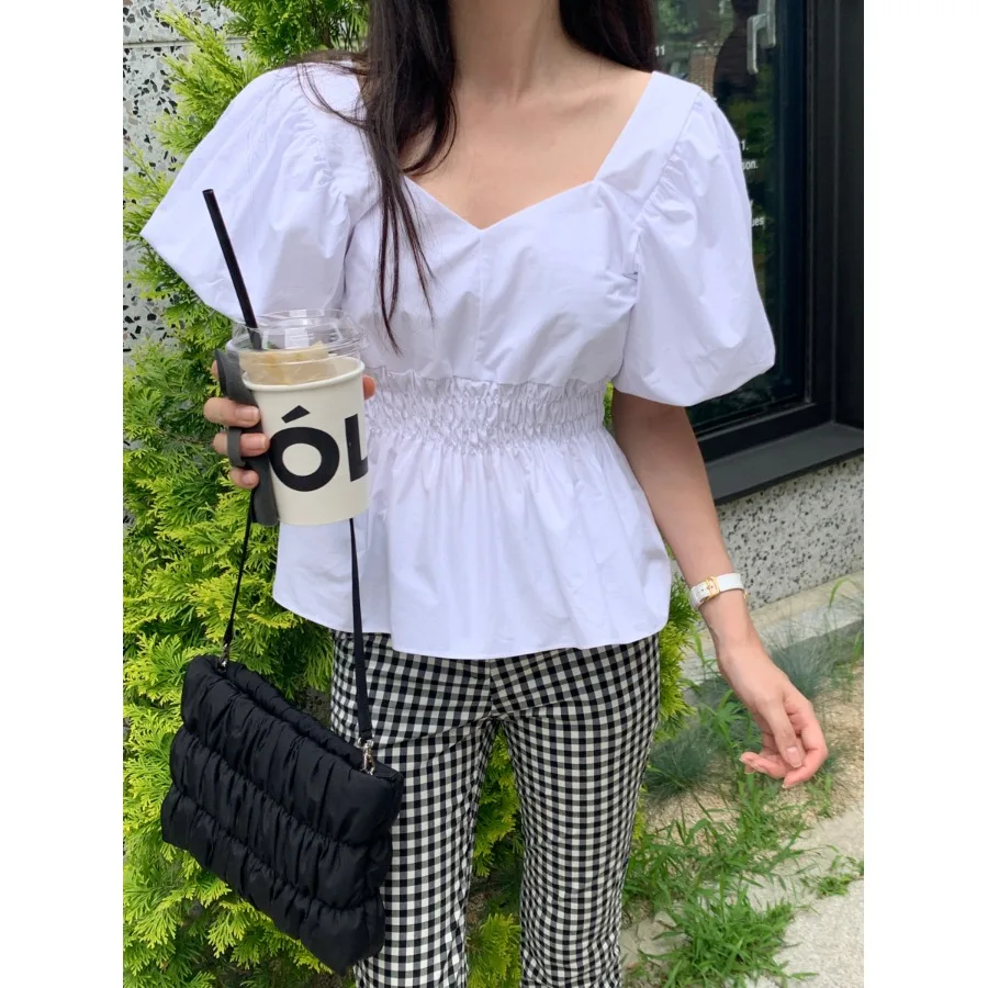 

Korean Style Short Sleeve Shirt Women's Design Bubble Sleeve Square Collar Top Fashionable Summer Casual Wear for Various Occ...