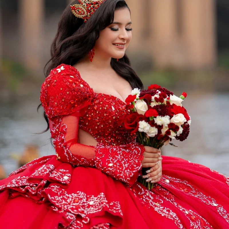 

Red Quinceanera Dresses Off the Shoulder Sequin Crystal Decal Layering Long tail Bow Vestido De 15 Quinceanera Customize
