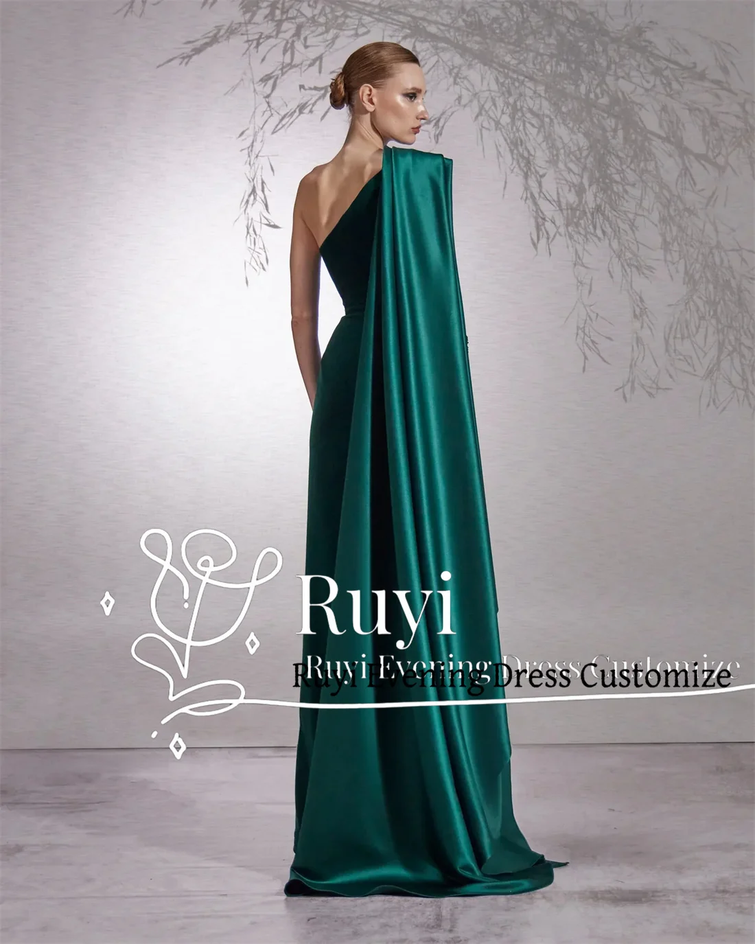 Customized One-Shoulder Green Velvet Evening Dress Appliques Long Sleeve Cape Side Slit Formal Prom Dress For Special Occasion