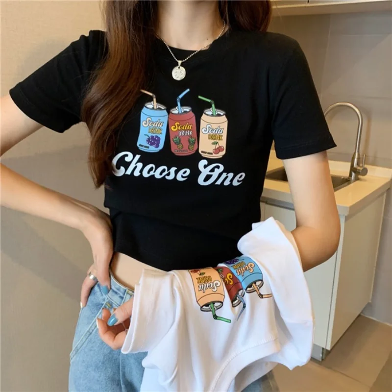 

Cute Cartoon Letter Printed T-shirt Women Girls New Korean Tight Slim Black White Short Sleeve Cropped Tops Summer New