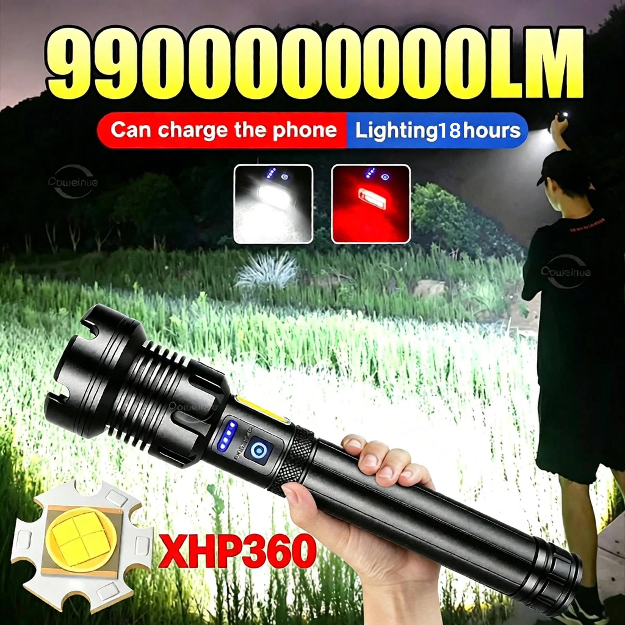 2026 New 9900000000LM 20000mAh XHP360 Flashlight Ultra Powerful Flash light Zoom USB Rechargeable Lantern Outdoor Camping Torch