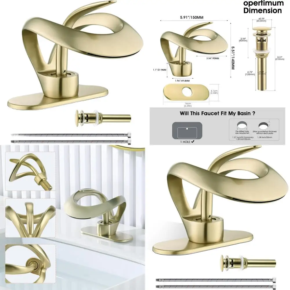 

Single Hole Waterfall Style Brushed Gold Bathroom Sink Faucet with Solid Brass, Single Handle and Pop-Up Drain, Deck Plate Inclu