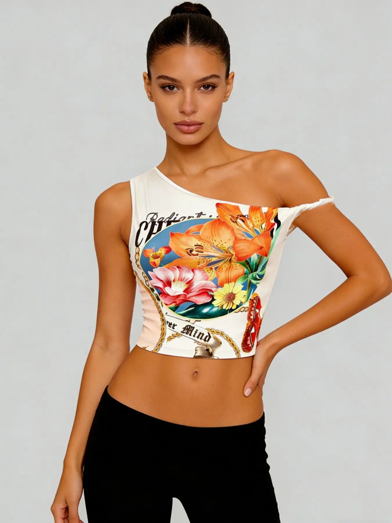 

STYLISH LADY Vintage Floral Print One Shoulder Crop Top 2026 Summer Women Y2K Streetwear Sleeveless Sexy Club Party Tank Top