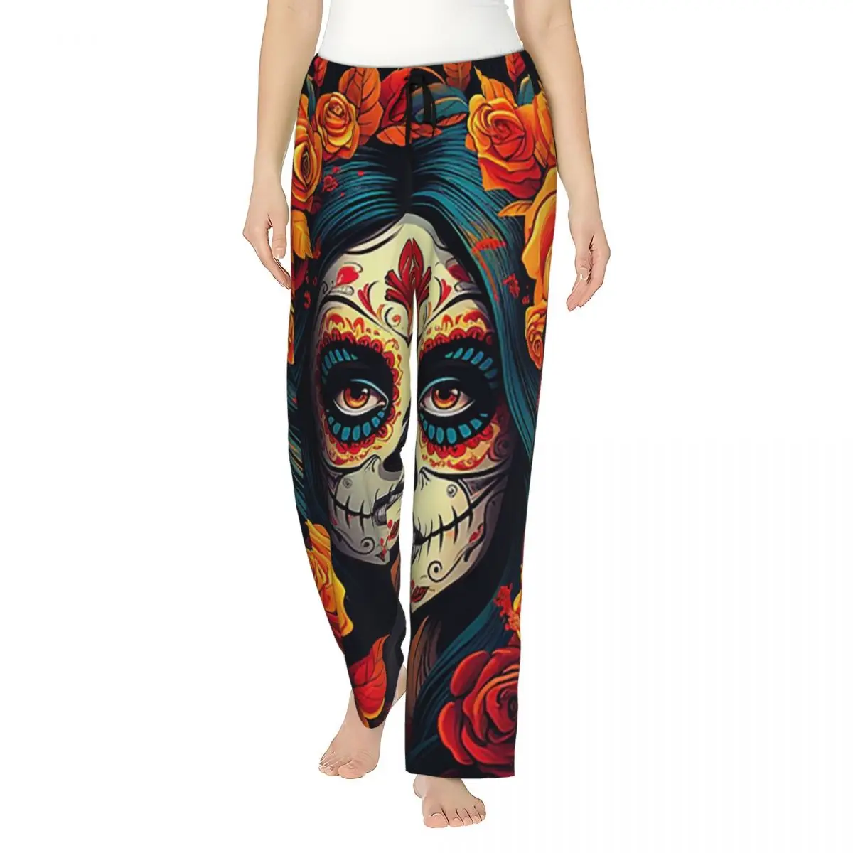 

Женские пижамные брюки с иллюстрацией мексиканского черепа Калавера, для дома и сна, с карманами