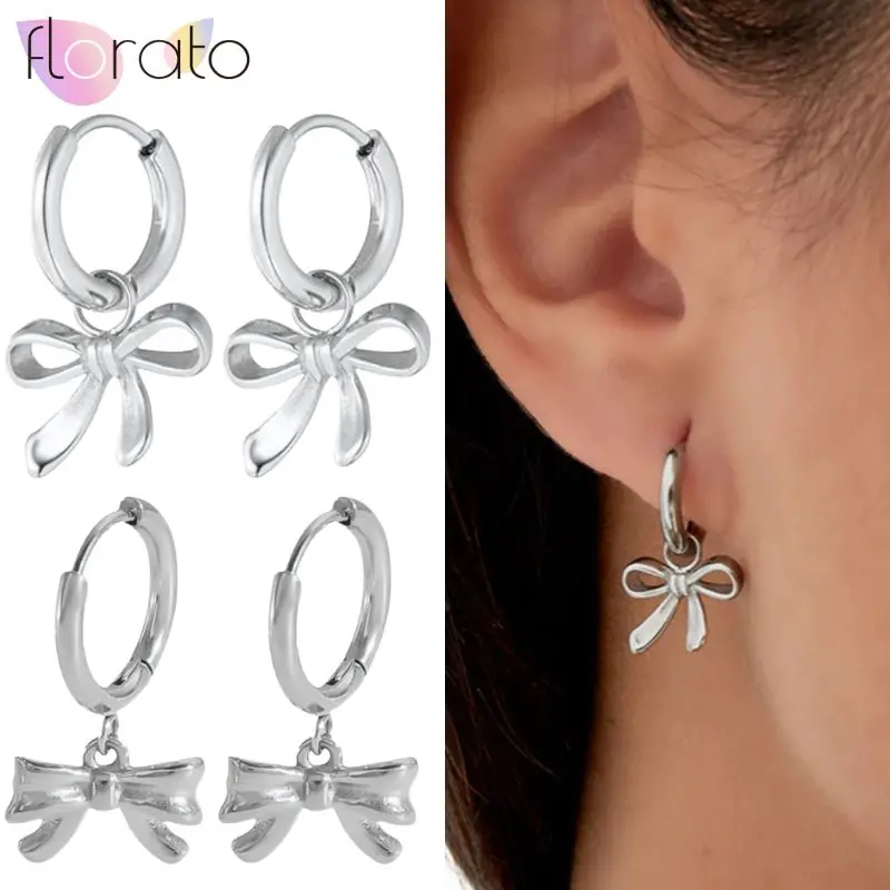 

925 Sterling Silver Needle Korean Style Small Fresh Casual Geometric Bow Plain Hoop Pendant Earrings Simple Versatile Jewelry