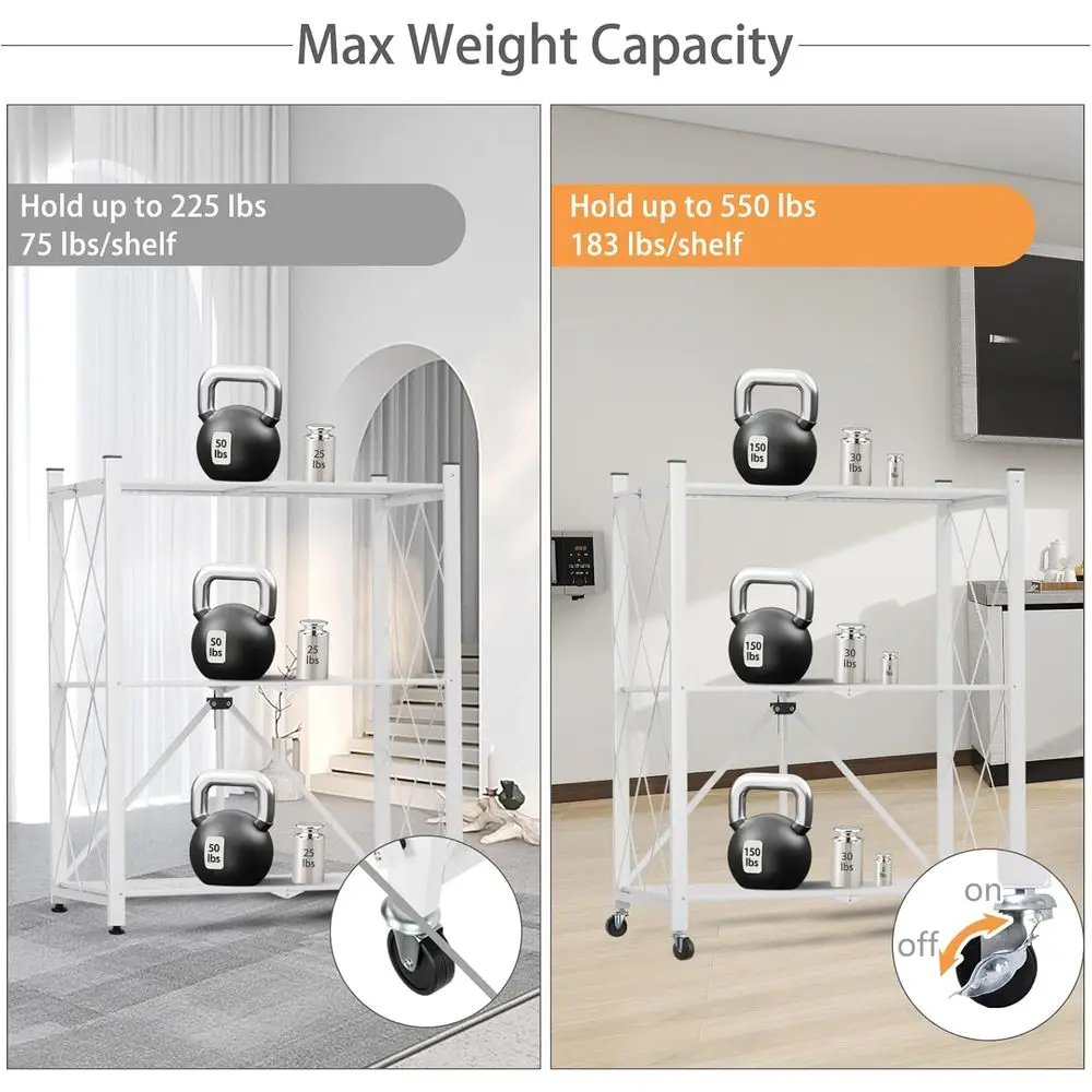 Rak Penyimpanan Baja 3 Tingkat, Kapasitas Berat 550 lbs, Rak Lipat, Organizer Serbaguna untuk Rumah, Kantor, Putih