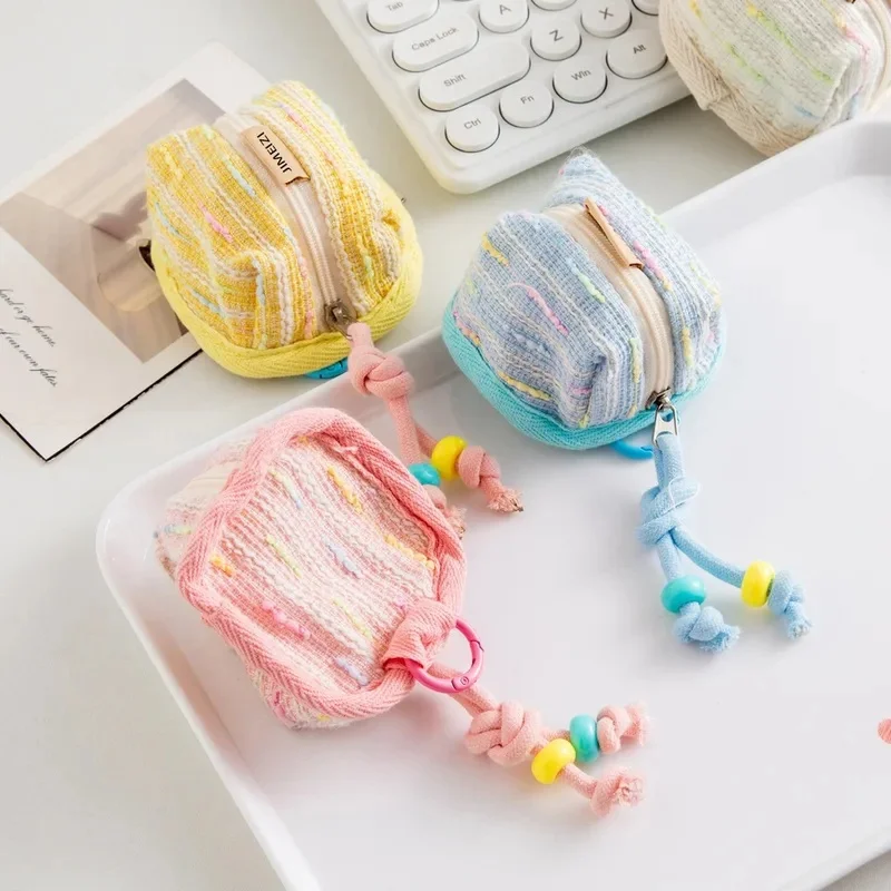 Macaron Woven Tweed Mini Coin Purse, Beaded Knotted Rope Zipper Pouch with Detachable Keyring, Earphone and Lipstick Storage Bag