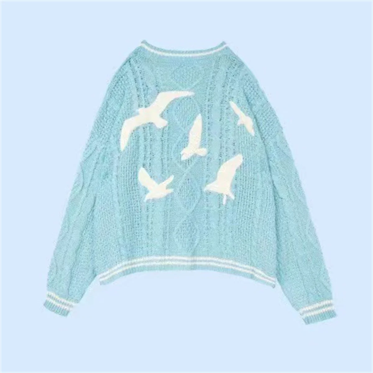 2024 Autumn Women Trend High Quality Loose Blue Knitted Cardigan Bird Embroidery Y2k Special Cardigans Female Vintage Sweater