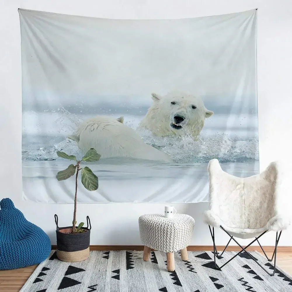 Polar Bear Tapestry White Bear on The Ice and Snow Tapestry Wild Animal Tapestries Wall Hanging Art for Living Room Bedroom Dorm