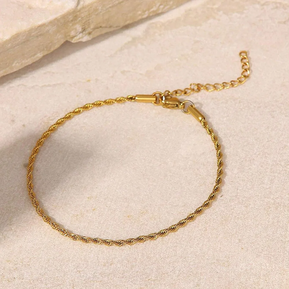 3-5MM Stainless Steel Bracelet For  Men Gold Color Twist Rope Chain Bangle With Extended Chain Waterproof Party Jewelry