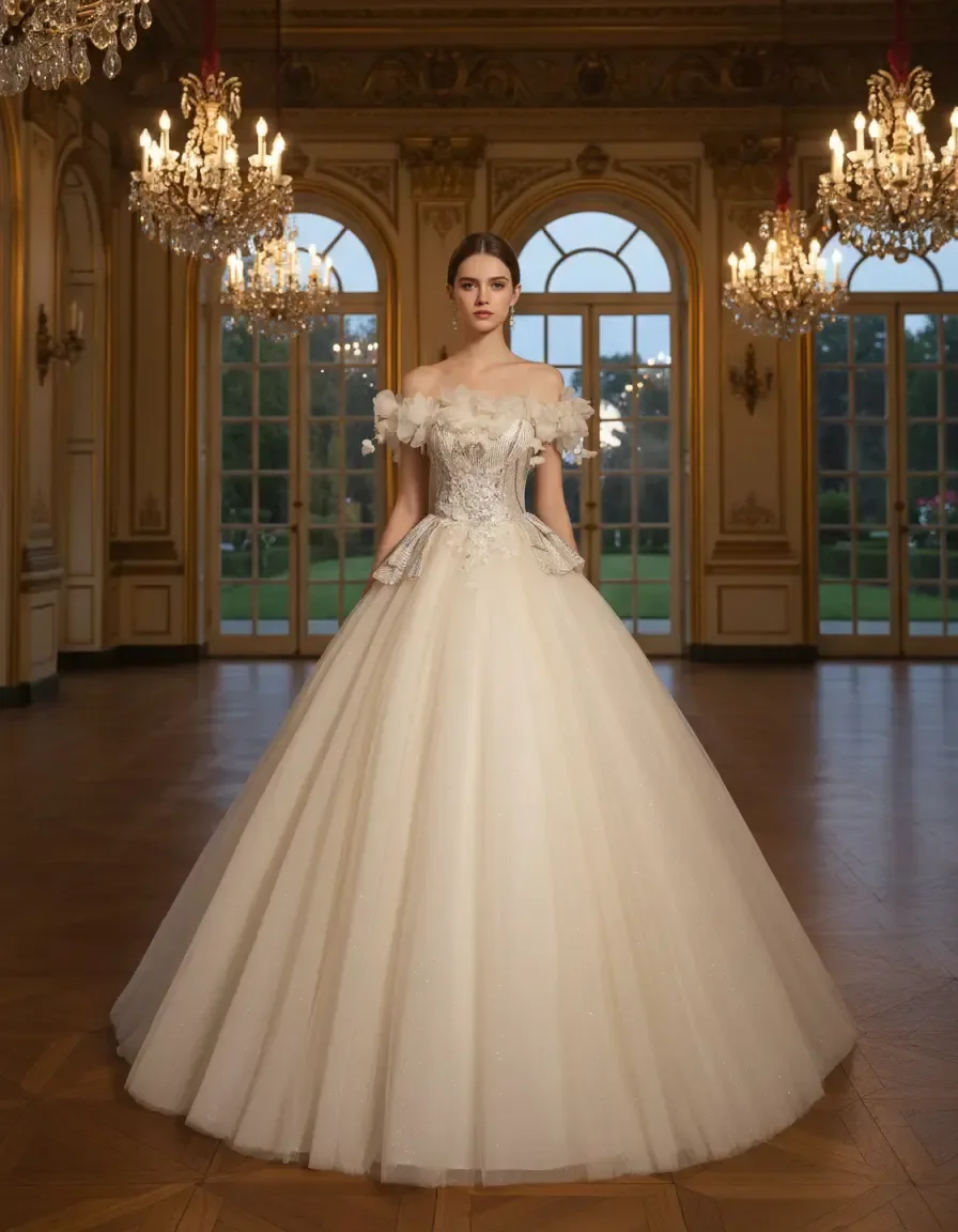 Champagne Off Shoulder 3D Floral Beaded Ball Gown for Quinceanera Birthday Graduation Evening Party Formal Occasion