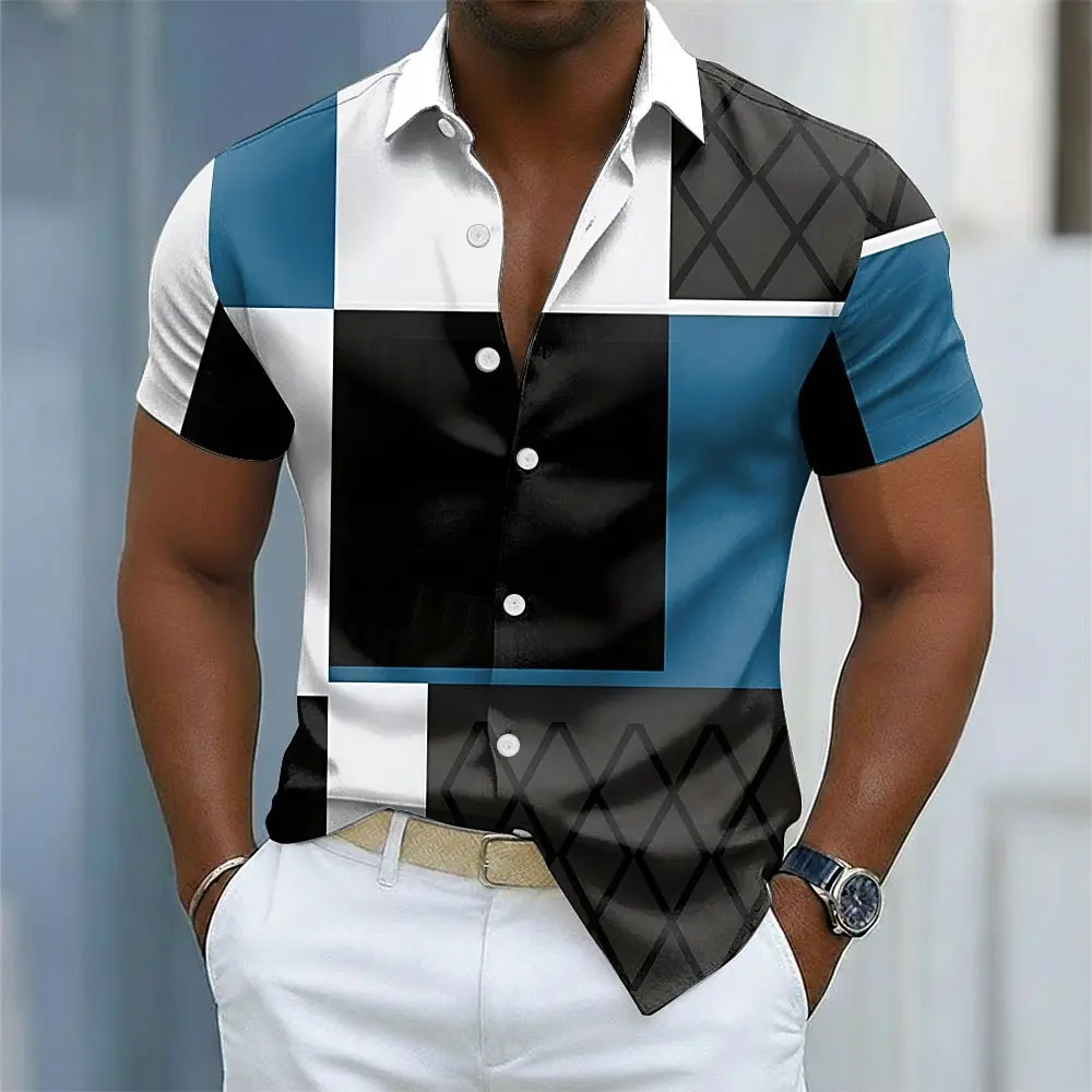 Men's Color Block Patchwork Shirt Button Up Short Sleeve Casual Streetwear 3D Print Turndown Shirt Blue Wine Brown Green
