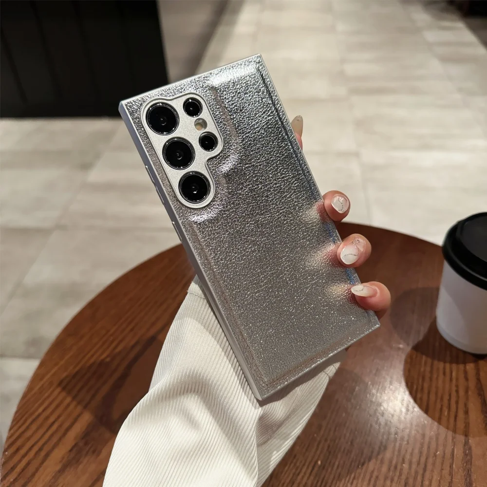Luxury Shiny Silver Phone Case for Samsung S26 Ultra S21 S22 S23 S24 S25 Ultra S26 Plus S26 Lychee Texture Shockproof Cover