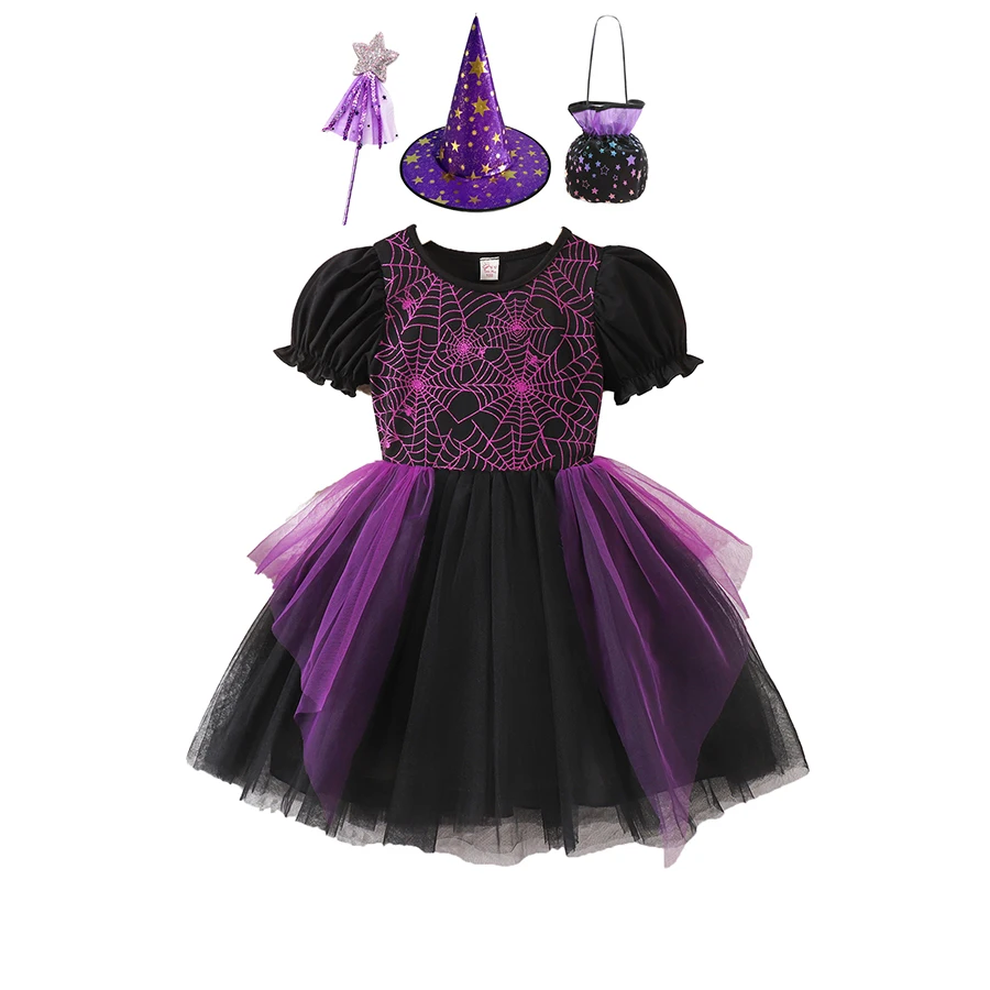 

Baby Girl Princess Halloween with Pink Spider Web Embroidery Dress Witchy Bag Puff Sleeve Tulle Skirt Kids Children Party